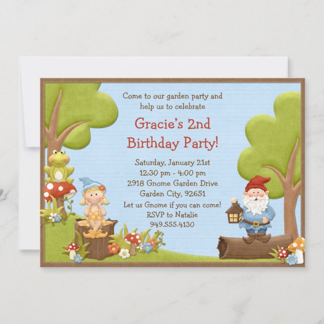 Invitación de la fiesta de cumpleaños del gnomo de (Anverso)