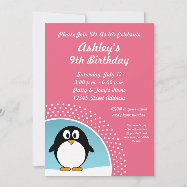 Invitación de la fiesta de cumpleaños del pingüino (Anverso)