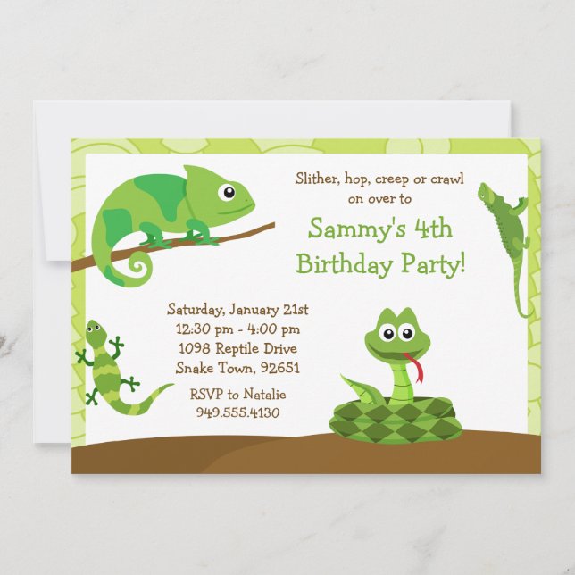 Invitación de la fiesta de cumpleaños del reptil (Anverso)