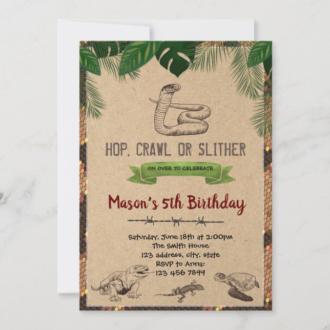 Invitación de la fiesta de cumpleaños del reptil (Anverso)