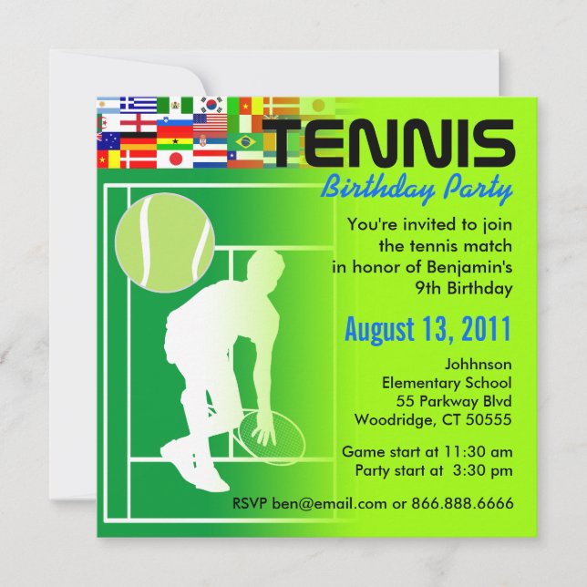 Invitación de la fiesta de cumpleaños del tenis (Anverso)