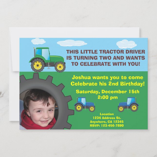 Invitación de la fiesta de cumpleaños del tractor (Anverso)