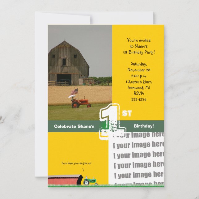 Invitación de la fiesta de cumpleaños del tractor: (Anverso)