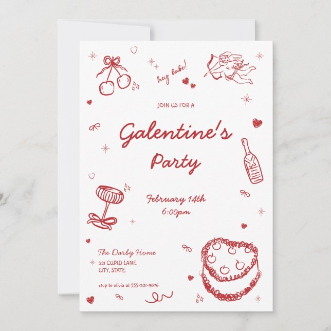 Invitación de la fiesta de Galentine a la mano (Anverso)