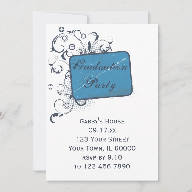 Invitación de la fiesta de graduación azul (Anverso)