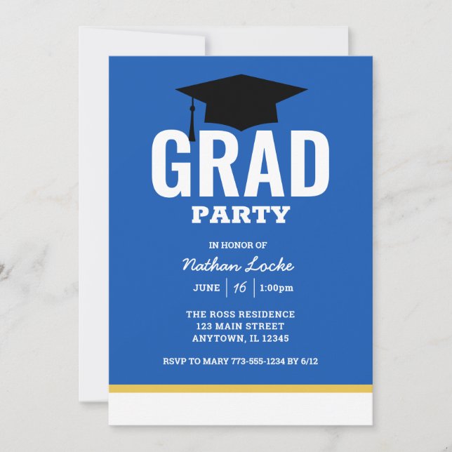 Invitación de la fiesta de graduación azul negrita (Anverso)