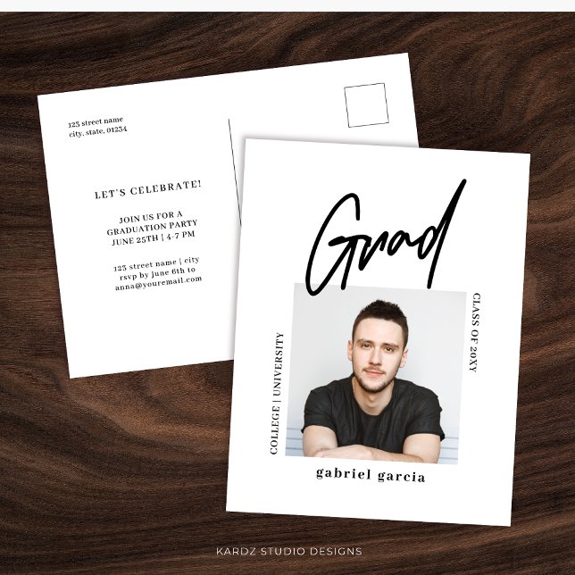 Invitación de la fiesta de graduación de guiones m (Personalize this graduation party invitation, shown in a 5.6 x 4.25" front and back postcard)