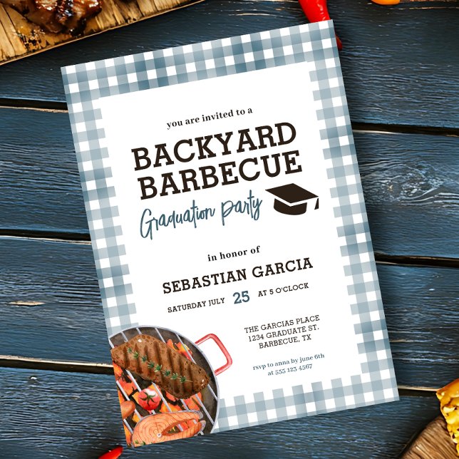 Invitación de la fiesta de graduación en barbacoa  (- Invite shown in 5 x 7 inches, choose size, paper and corner style. Buy print or digital invitation)
