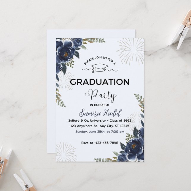 Invitación de la fiesta de graduación floral azul (Anverso/Reverso In Situ)