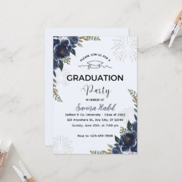 Invitación de la fiesta de graduación floral azul