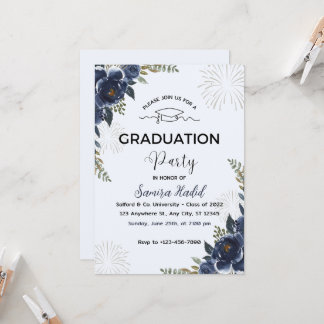 Invitación de la fiesta de graduación floral azul