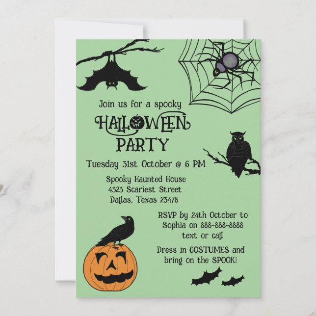 Invitación de la fiesta de Halloween con araña de  (Anverso)
