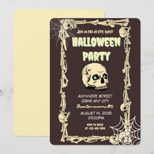 Invitación de la fiesta de Halloween con el cráneo (Anverso / Reverso)