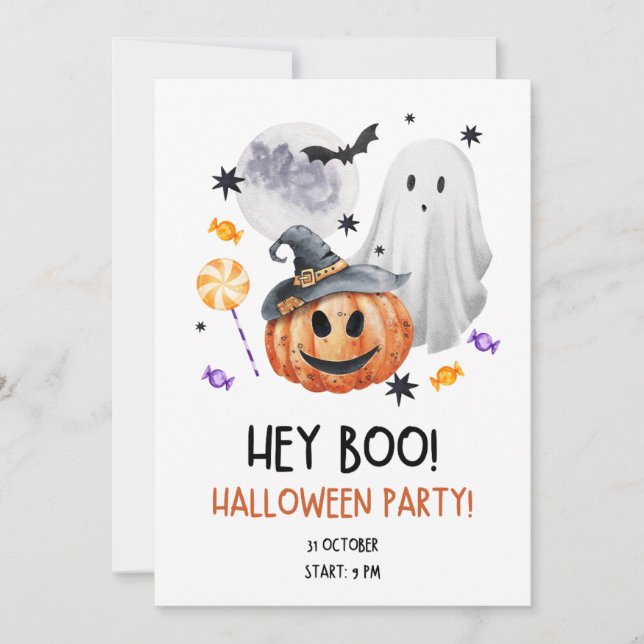 Invitación de la fiesta de Halloween de Hey Boo Mo (Anverso)