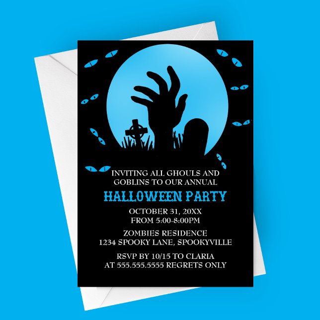 Invitación de la fiesta de Halloween de Zombie (Blue Zombie Spooky Halloween Party Invitation | Graveyard with Haunted Eyes and Full Moon)