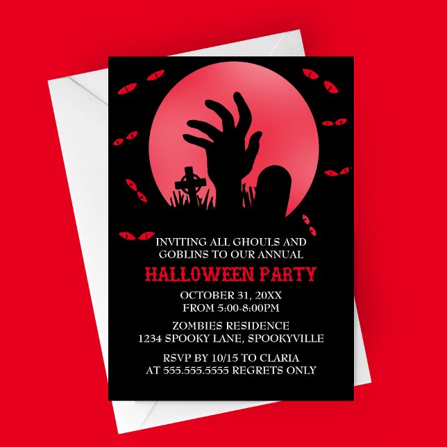 Invitación de la fiesta de Halloween de Zombie (Red Zombie Spooky Halloween Party Invitation | Graveyard with Haunted Eyes and Full Moon)