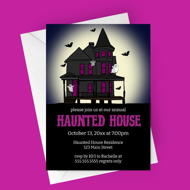 Invitación de la fiesta de Halloween en la casa de (Purple Haunted House Moon Background Halloween Party Invitation)