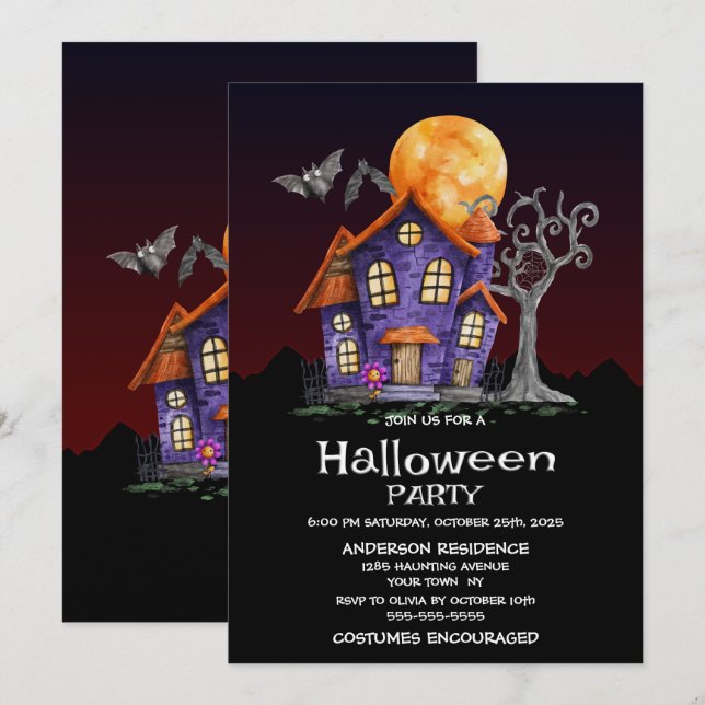Invitación de la fiesta de Halloween en la casa de (Anverso / Reverso)