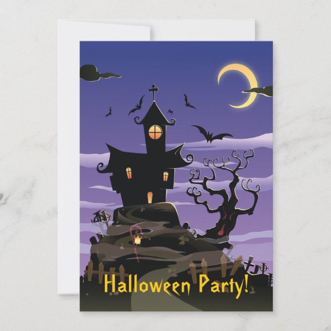 Invitación de la fiesta de Halloween morada en la  (Anverso)