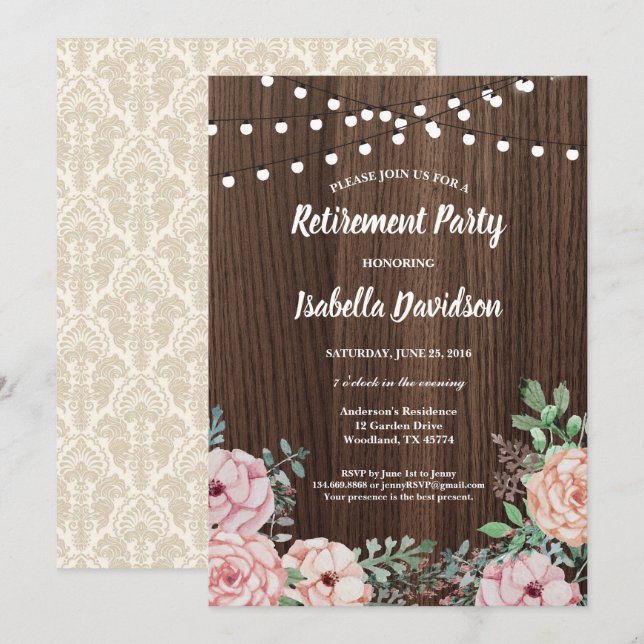 Invitación de la fiesta de jubilación. Madera rosa (Anverso / Reverso)