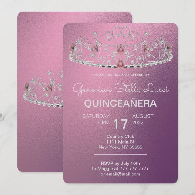 Invitación de la Fiesta de la Quinceañera de Tiara (Anverso / Reverso)