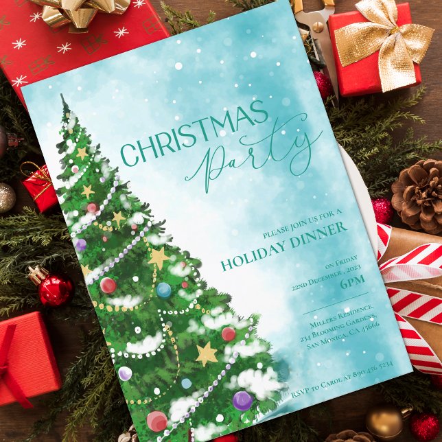 Invitación de la fiesta de los Navidades de los ár (Blue Watercolor Tree Christmas Party Invitation)