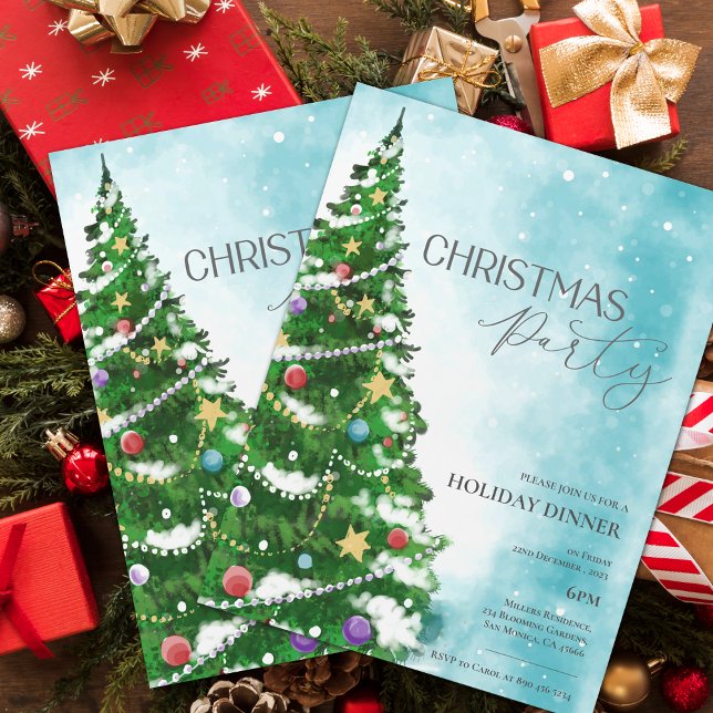 Invitación de la fiesta de los Navidades de los ár (Blue Watercolor Tree Christmas Party Invitation)