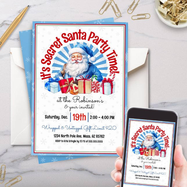 Invitación de la fiesta de los Navidades de Santa  (Blue Christmas secret santa party invitations for holiday party or gift exchange white elephant)