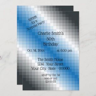 Invitación de la fiesta de los píxeles grises azul