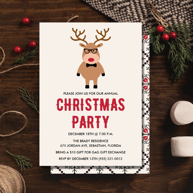 Invitación de la fiesta de Navidades de renos de N (Nerdy Reindeer Christmas Party Invitation)