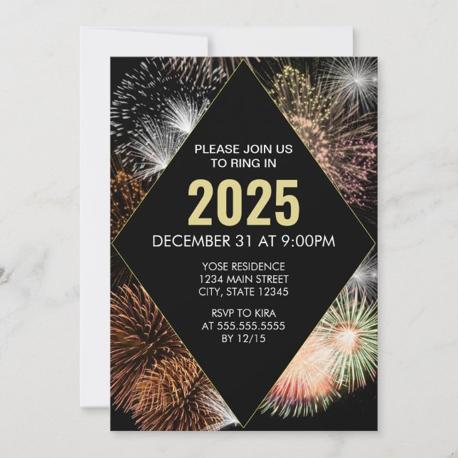 Invitación de la fiesta de NYE geométrica de fuego (Anverso)