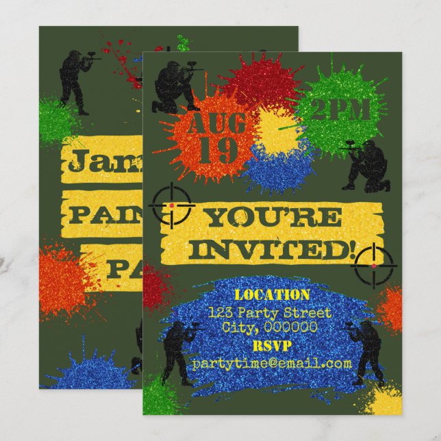 Invitación de la fiesta de Paintball purpurina (Anverso / Reverso)