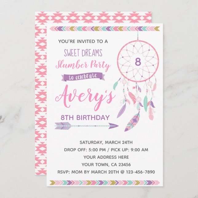 Invitación de la fiesta de pijamas de Dreamcatcher (Anverso / Reverso)