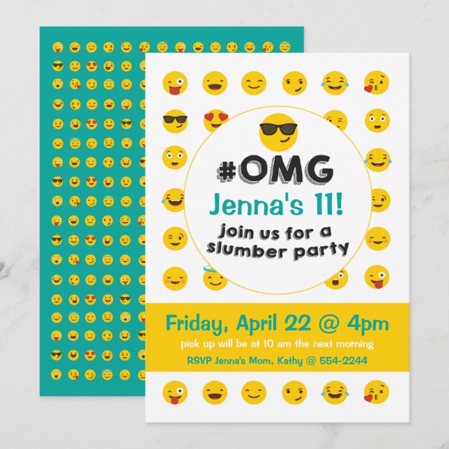 Invitación de la fiesta de pijamas de la emoji (Anverso / Reverso)