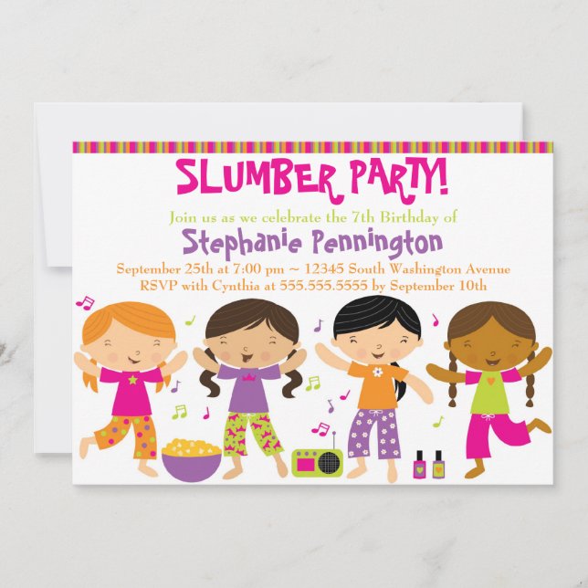 Invitación de la fiesta de pijamas del cumpleaños (Anverso)