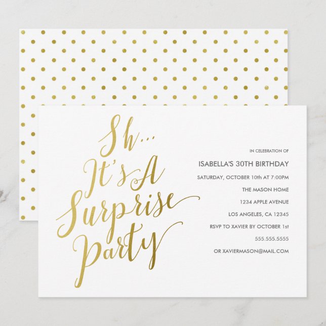Invitación de la fiesta de sorpresa con guión dora (Anverso / Reverso)