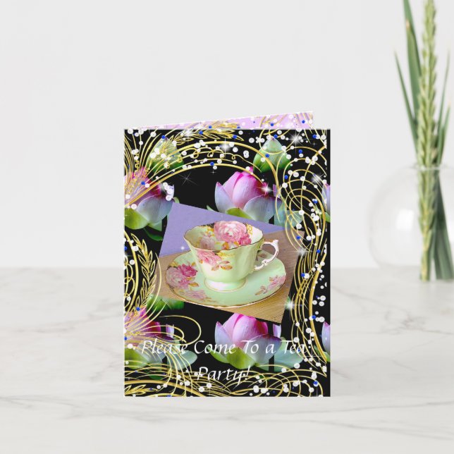 INVITACIÓN DE LA FIESTA DEL TÉ - TAZAS Y FLORES DE (Anverso)