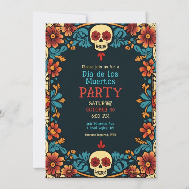 Invitación de la fiesta Día de Muertos 💀 Floral (Anverso)