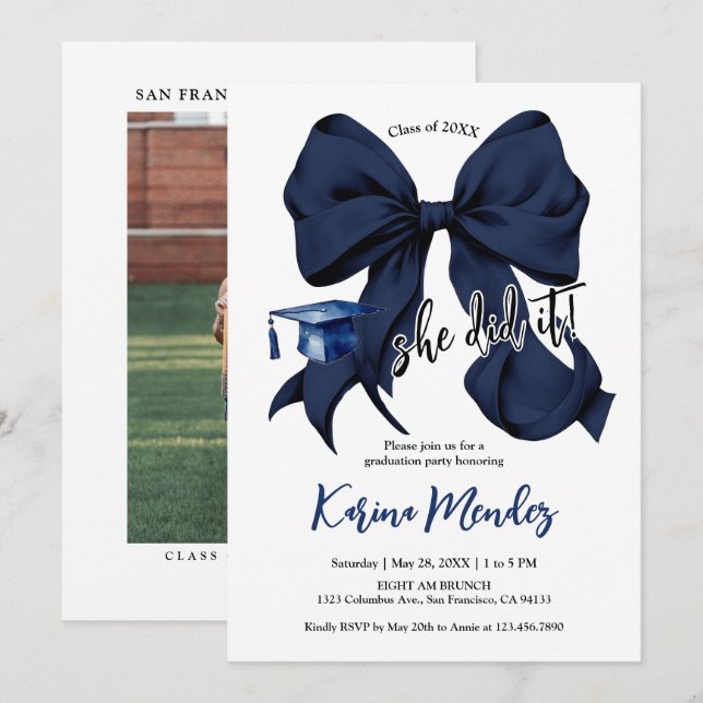 Invitación de la fiesta Navy Blue Bow Grad (Anverso / Reverso)
