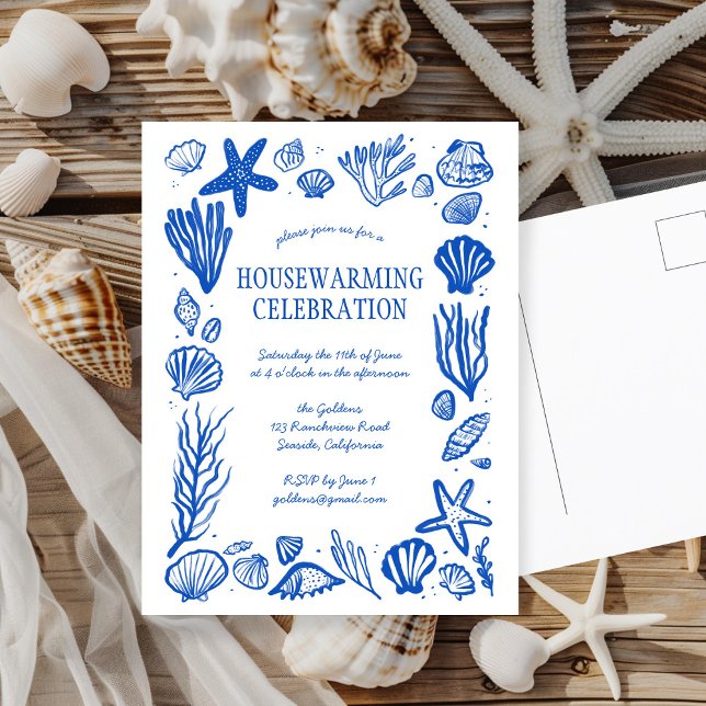 Invitación de la fiesta personalizada Blue Seashel (Blue Seashells Custom HOUSEWARMING PARTY New Home New Apartment Postcard Beach Blue White Chic
)