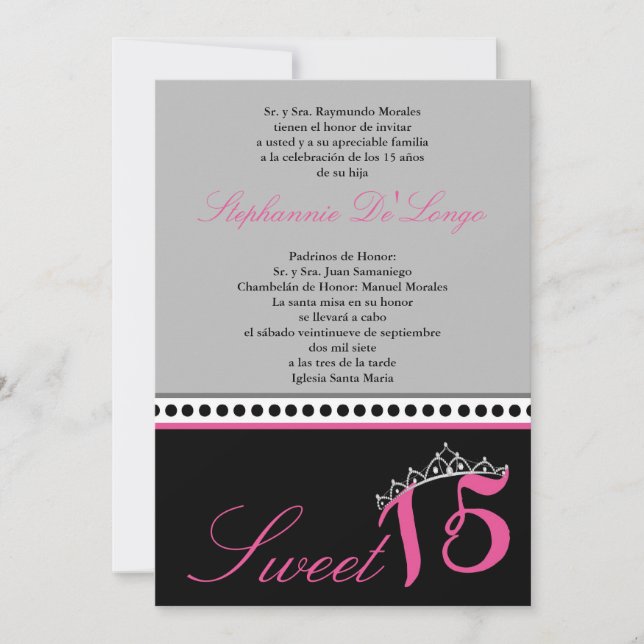 Invitación de la fiesta Quinceanera de Tiara Gris  (Anverso)