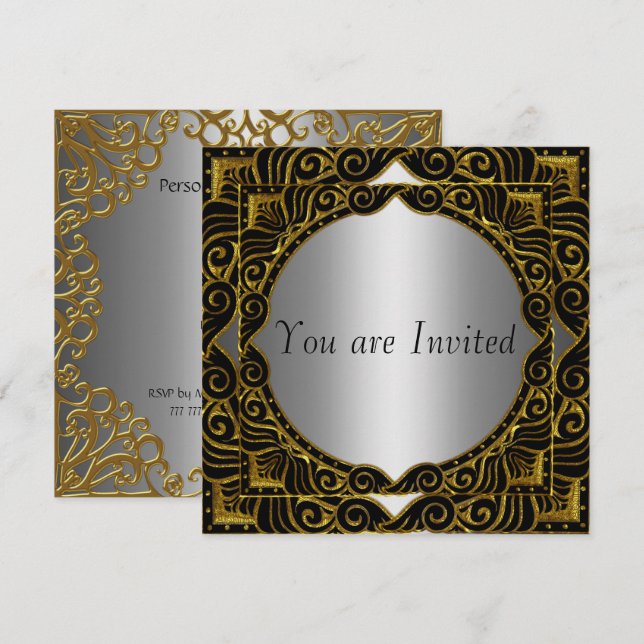 Invitación de la fiesta retro negro de plata dorad (Anverso / Reverso)