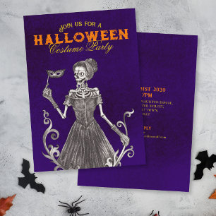Invitación de la fiesta Skeleton Purple Halloween