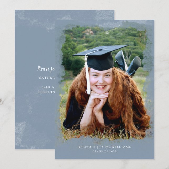 Invitación de la graduación de la foto, azul (Anverso / Reverso)