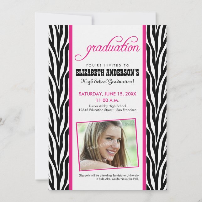 Invitación de la graduación del estampado de zebra (Anverso)