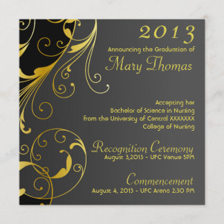 Invitación de la graduación en oro y negro