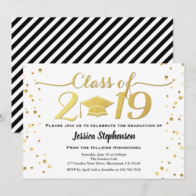 Invitación de la graduación. Falso oro blanco y (Anverso / Reverso)