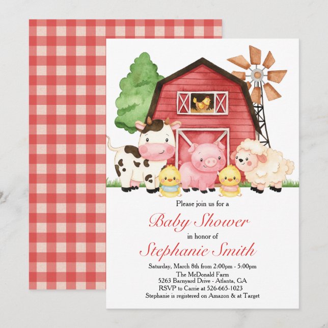 Invitación de la granja Baby Shower, Barnyard Baby (Anverso / Reverso)