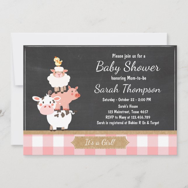 Invitación de la granja Baby Shower País Bebé Rosa (Anverso)