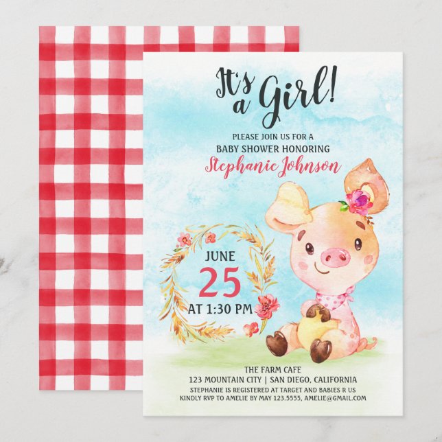 Invitación de la granja Baby Shower Piggy Chica de (Anverso / Reverso)